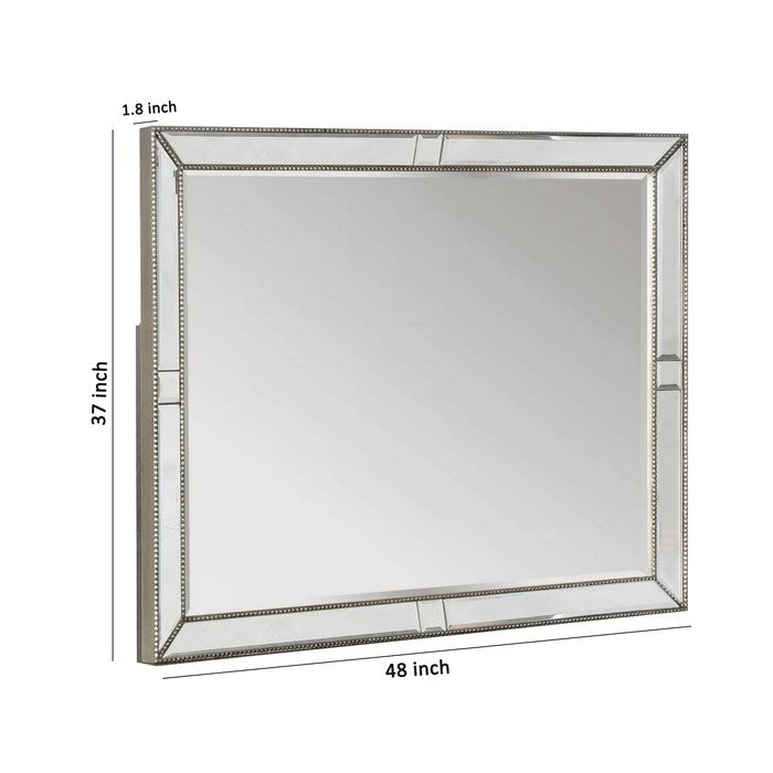 Rectangular Dresser Top Mirror with Beaded Details, Silver