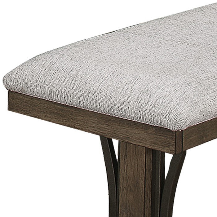 Counter Height Fabric Upholstered Bench with Trestle Base, Brown and Gray