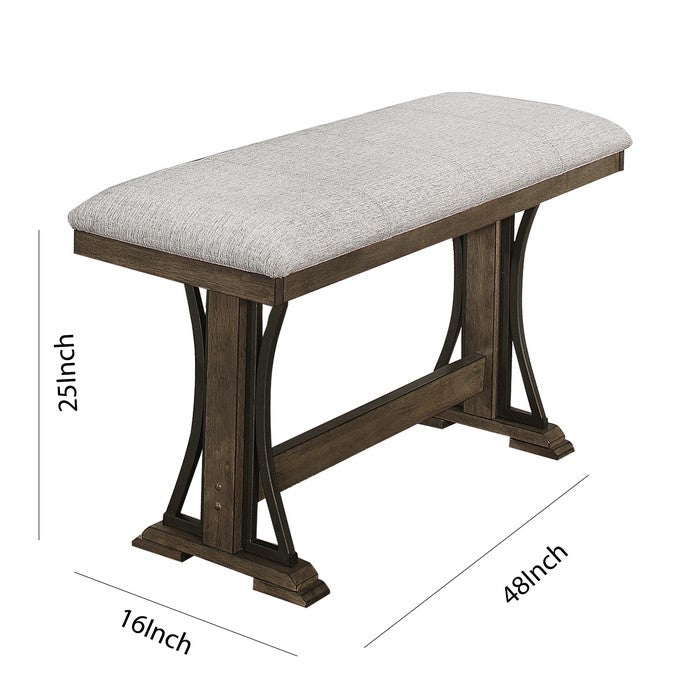 Counter Height Fabric Upholstered Bench with Trestle Base, Brown and Gray