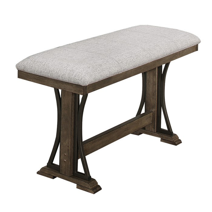 Counter Height Fabric Upholstered Bench with Trestle Base, Brown and Gray