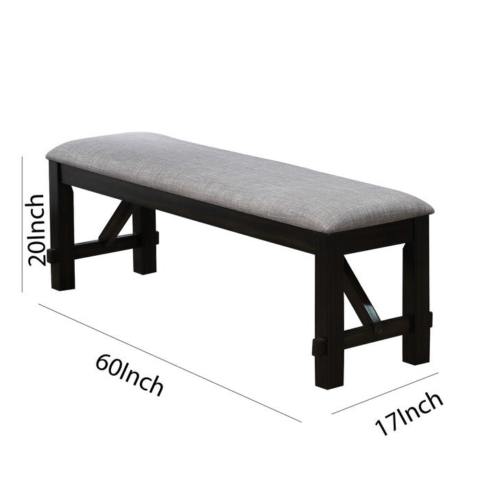 Dual Tone Fabric Upholstered Bench with Block Legs, Black and Light Gray