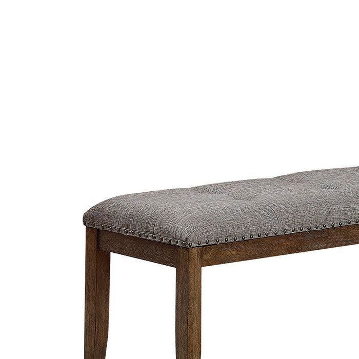Nailhead Trim Fabric Upholstered Bench with Button Tufting, Brown and Gray