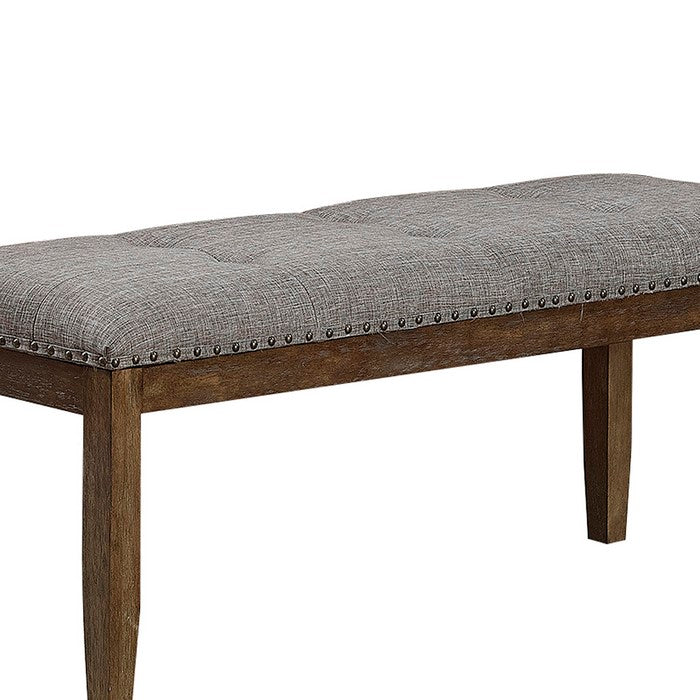 Nailhead Trim Fabric Upholstered Bench with Button Tufting, Brown and Gray