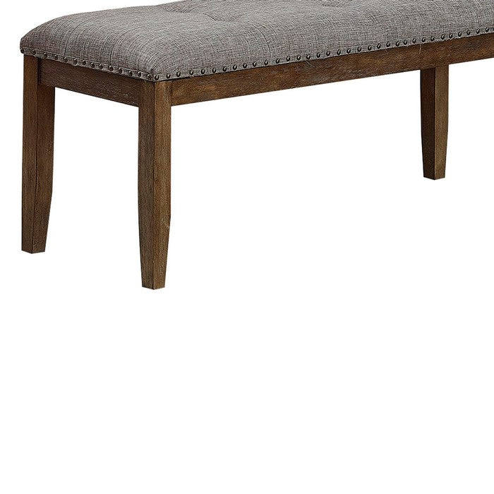 Nailhead Trim Fabric Upholstered Bench with Button Tufting, Brown and Gray