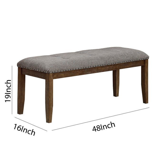 Nailhead Trim Fabric Upholstered Bench with Button Tufting, Brown and Gray