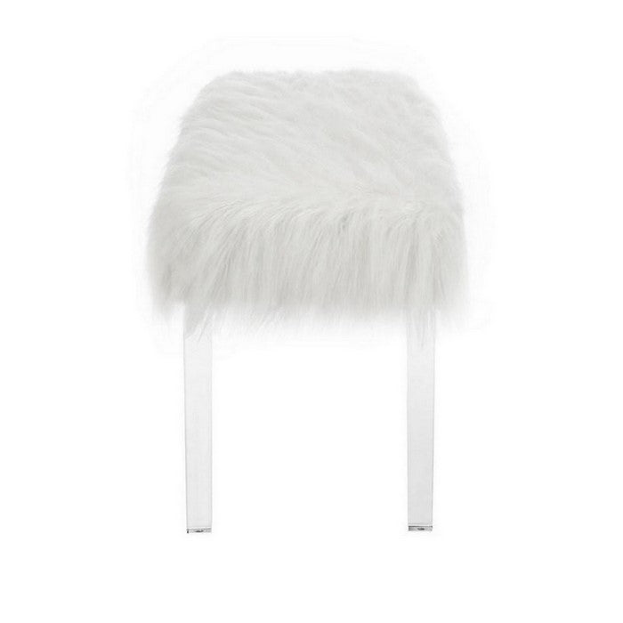 Contemporary Bench with Faux Fur Seat and Acrylic Legs, White and Clear
