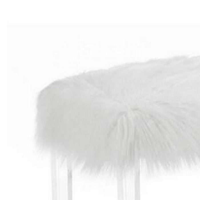 Contemporary Bench with Faux Fur Seat and Acrylic Legs, White and Clear