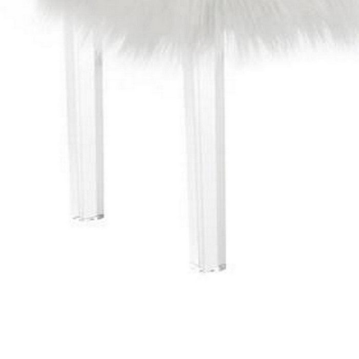 Contemporary Bench with Faux Fur Seat and Acrylic Legs, White and Clear