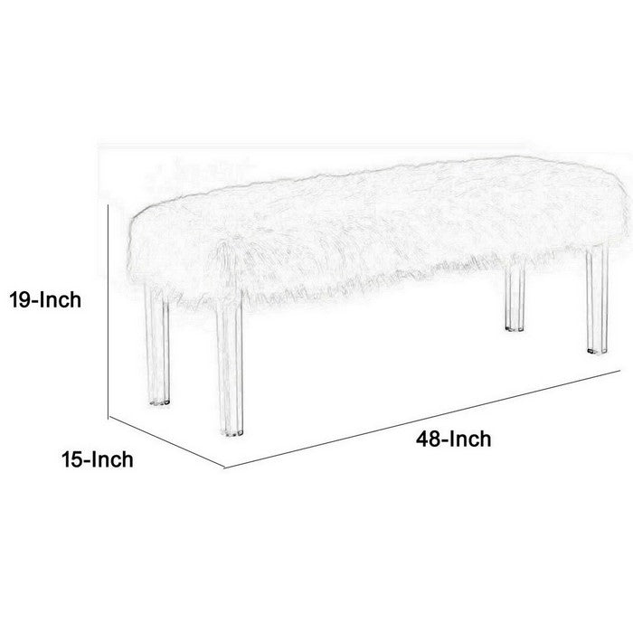 Contemporary Bench with Faux Fur Seat and Acrylic Legs, White and Clear