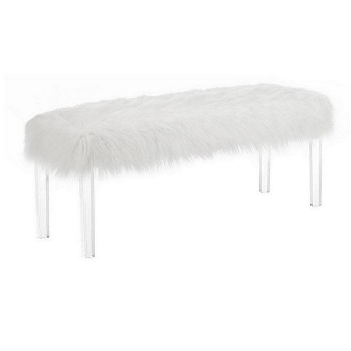 Contemporary Bench with Faux Fur Seat and Acrylic Legs, White and Clear