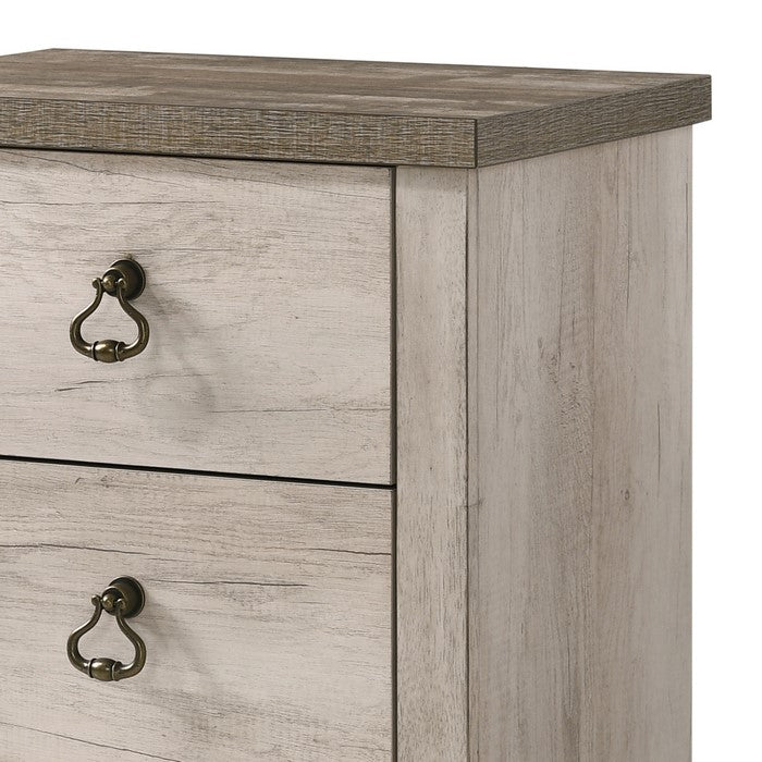 2 Drawer Wooden Nightstand with Metal Handles, Antique White and Brown