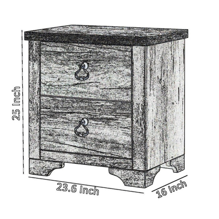 2 Drawer Wooden Nightstand with Metal Handles, Antique White and Brown