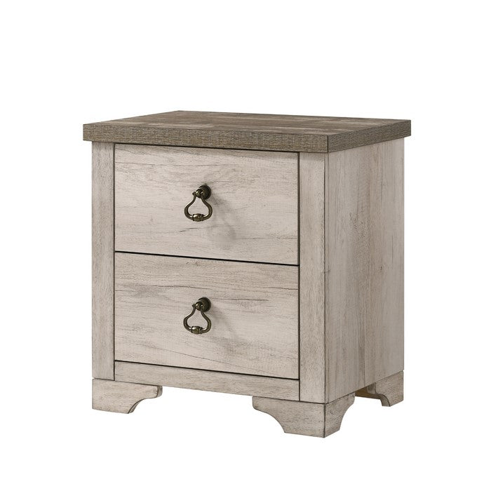 2 Drawer Wooden Nightstand with Metal Handles, Antique White and Brown