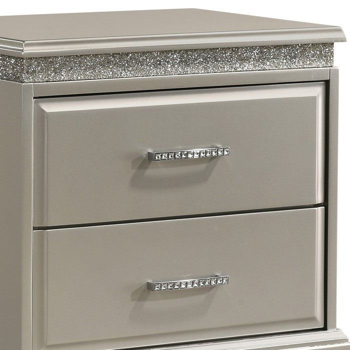 2 Drawer Wooden Nightstand with Faux Crystal Inlay, Champagne Silver - BM215479