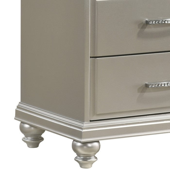2 Drawer Wooden Nightstand with Faux Crystal Inlay, Champagne Silver - BM215479