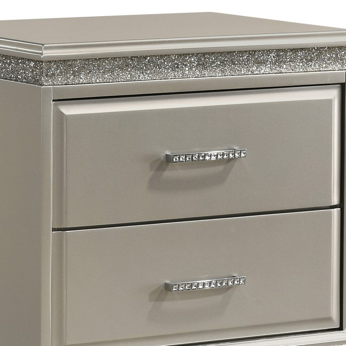 2 Drawer Wooden Nightstand with Faux Crystal Inlay, Champagne Silver - BM215479