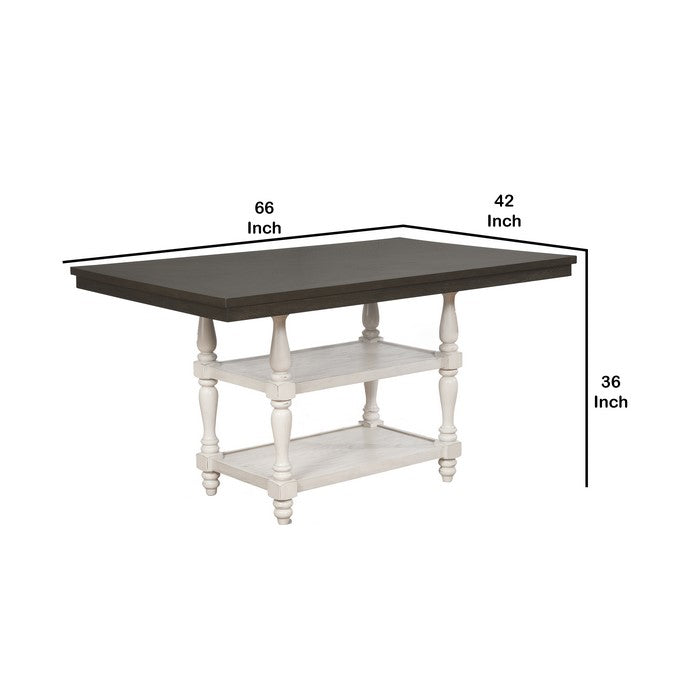 Wooden Counter Height Table with Two Open Shelves, Brown and Antique White