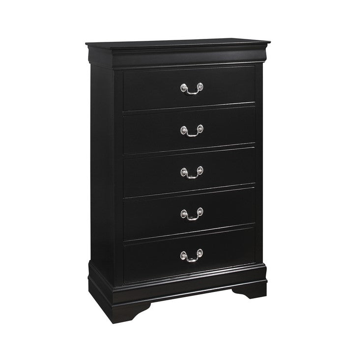 5 Drawer Transitional Style Chest with Bracket Feet and Metal Pulls, Black