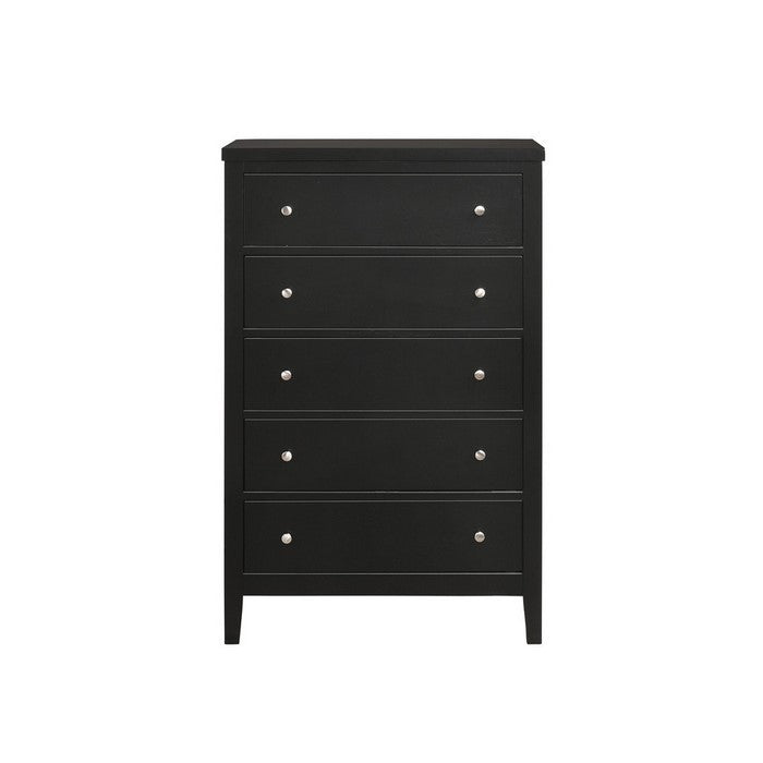 5 Drawer Transitional Style Chest with Round Knob and Tapered Feet, Black