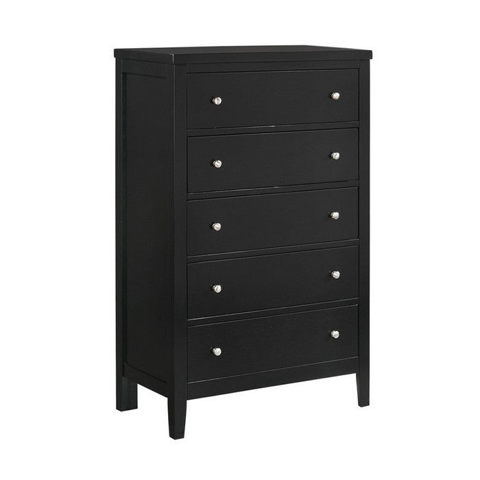 5 Drawer Transitional Style Chest with Round Knob and Tapered Feet, Black