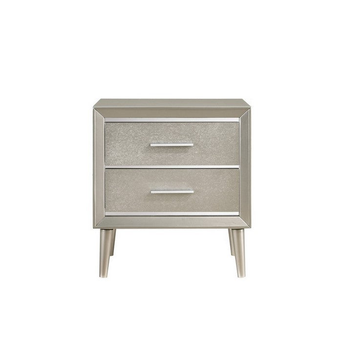 2 Drawer Contemporary Nightstand with Bar Handles and Splayed Legs, Silver