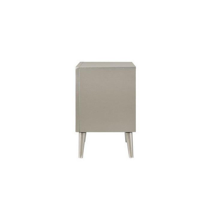 2 Drawer Contemporary Nightstand with Bar Handles and Splayed Legs, Silver