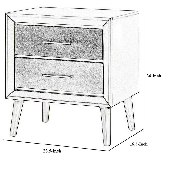 2 Drawer Contemporary Nightstand with Bar Handles and Splayed Legs, Silver