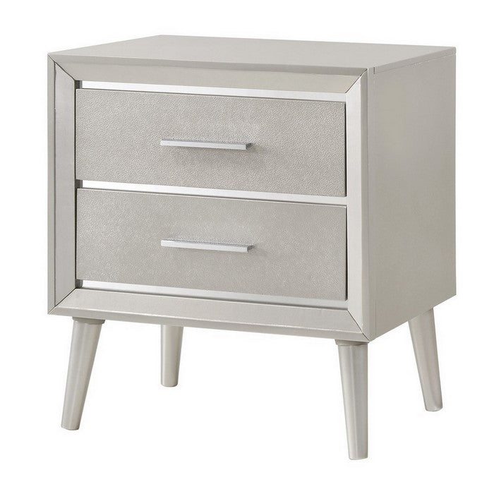 2 Drawer Contemporary Nightstand with Bar Handles and Splayed Legs, Silver