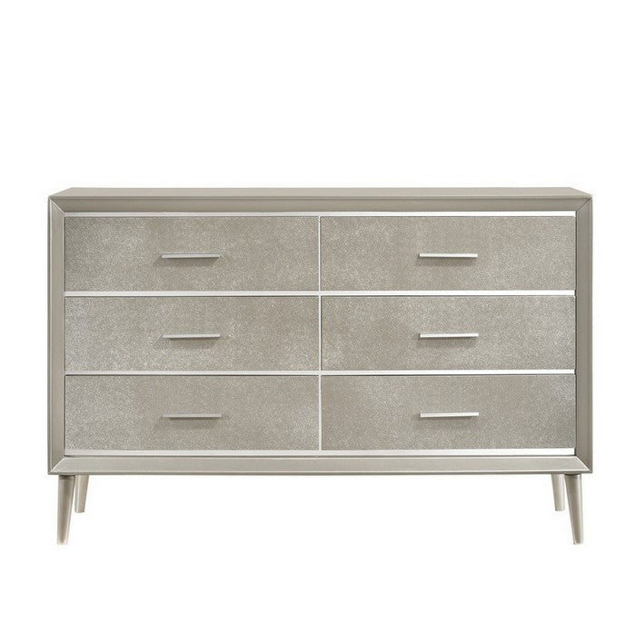 6 Drawer Contemporary Dresser with Bar Handles and Splayed Legs, Silver