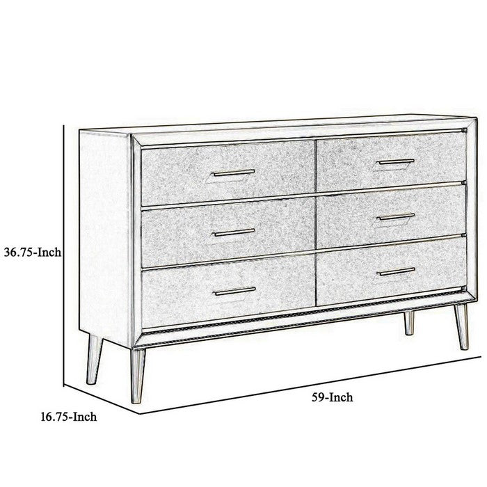 6 Drawer Contemporary Dresser with Bar Handles and Splayed Legs, Silver