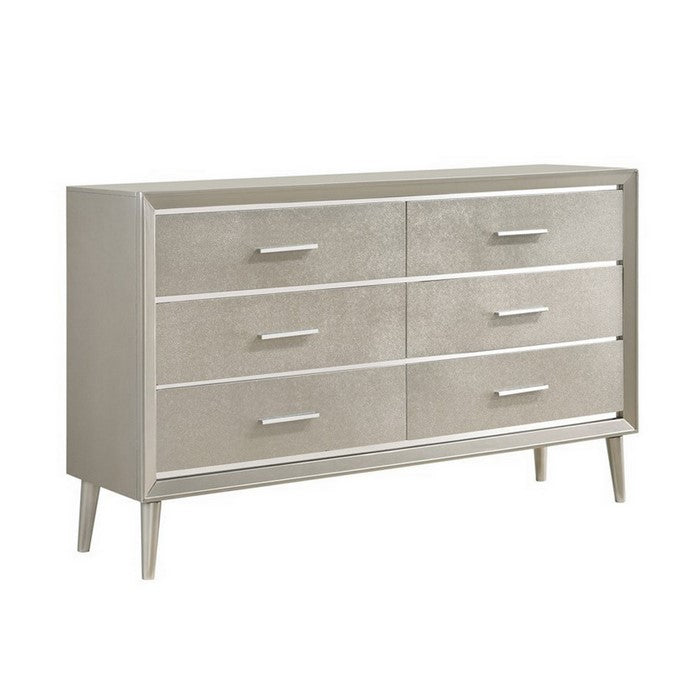 6 Drawer Contemporary Dresser with Bar Handles and Splayed Legs, Silver