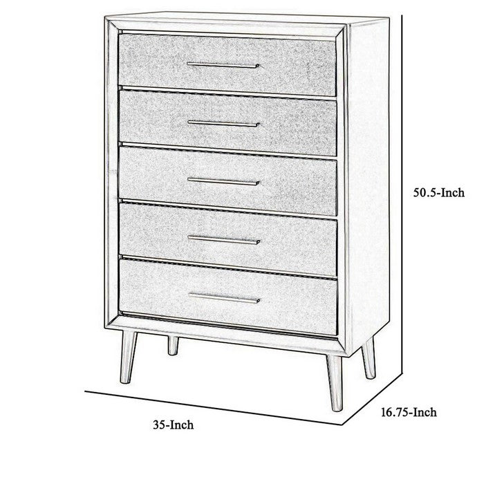 5 Drawer Contemporary Chest with Bar Handles and Splayed Legs, Silver