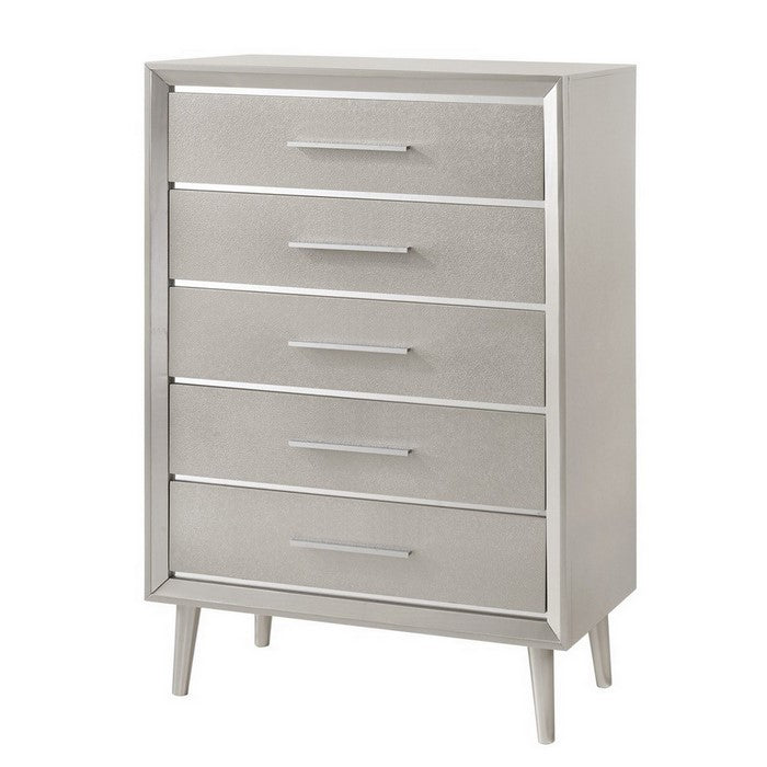 5 Drawer Contemporary Chest with Bar Handles and Splayed Legs, Silver