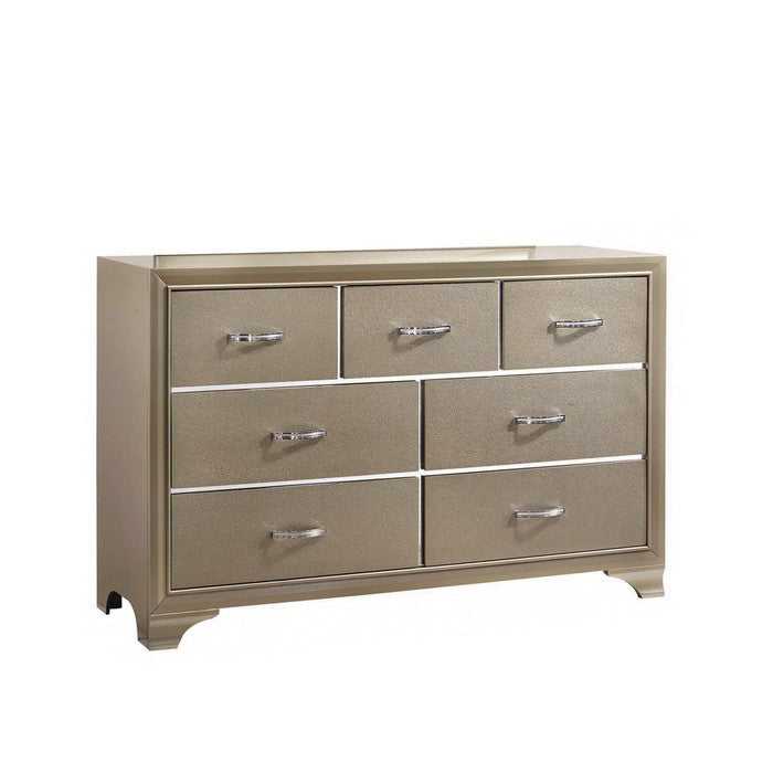 Wooden Dresser with 7 Drawers and Metal Drawer Pulls, Champagne Gold