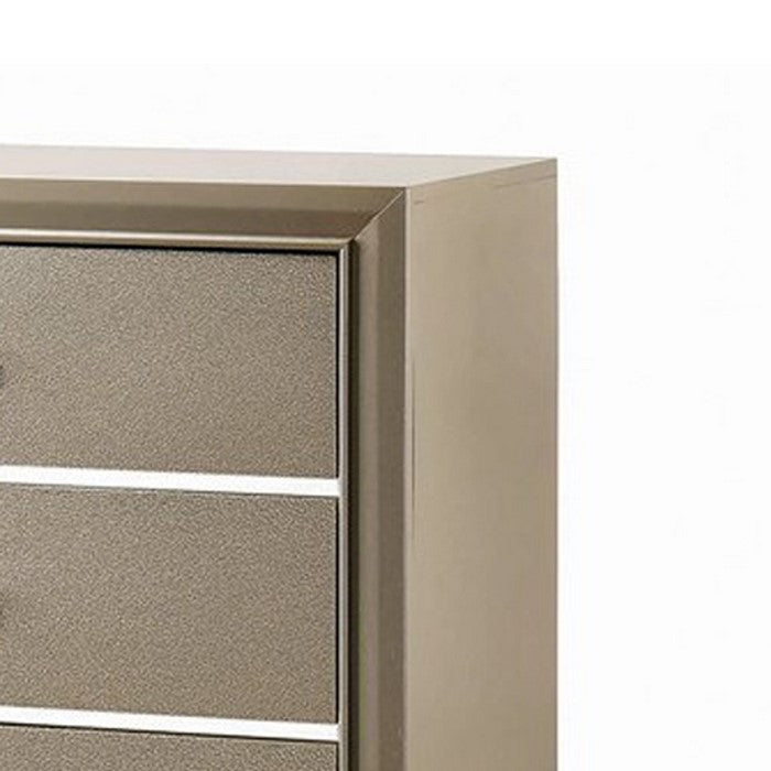 Five Drawer Wooden Chest with Polished Metallic Pulls, Champagne Gold