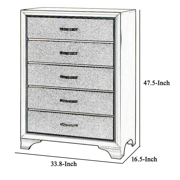 Five Drawer Wooden Chest with Polished Metallic Pulls, Champagne Gold