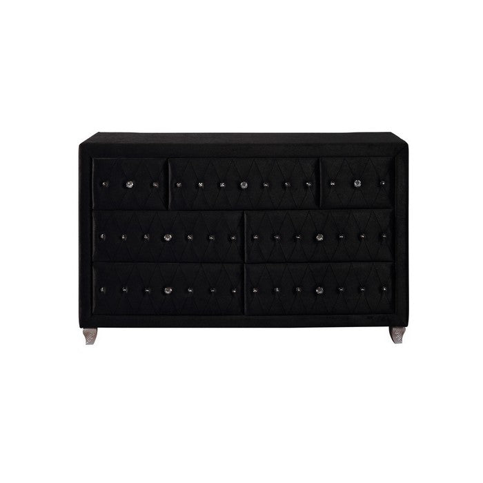 Fabric Upholstered Wooden Dresser with Seven Drawers, Black