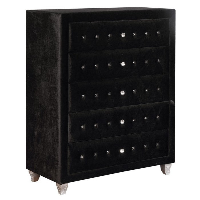 Fabric Upholstered Wooden Chest with Five Drawers, Black