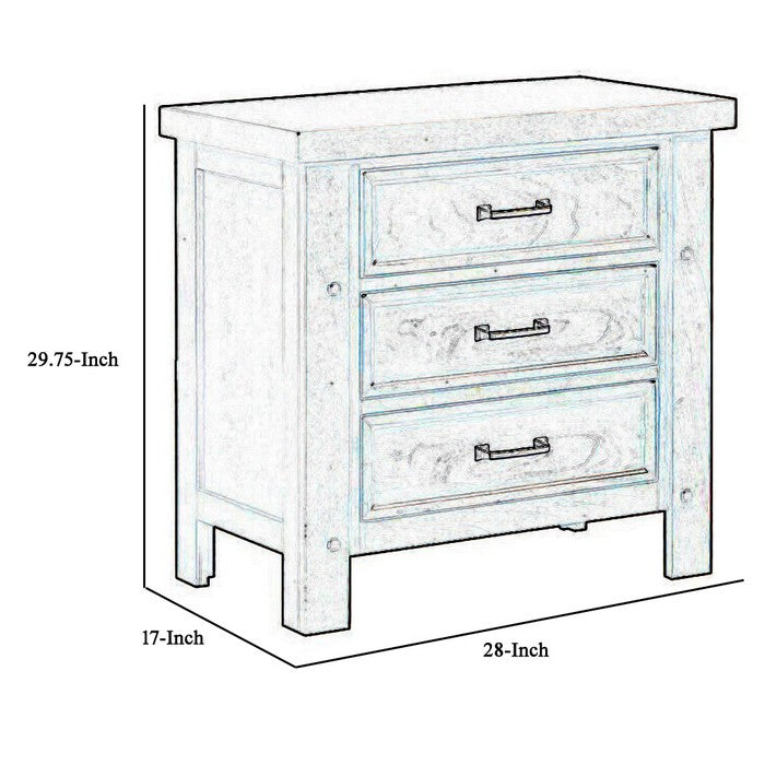 Wooden Nightstand with Three Storage Drawers and Grain Details, Brown