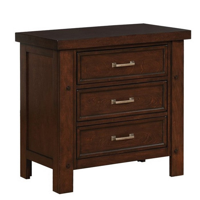 Wooden Nightstand with Three Storage Drawers and Grain Details, Brown
