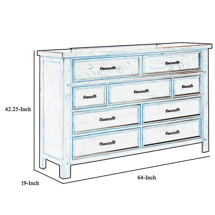 Wooden Dresser with Nine Spacious Drawers and Grain Details, Brown