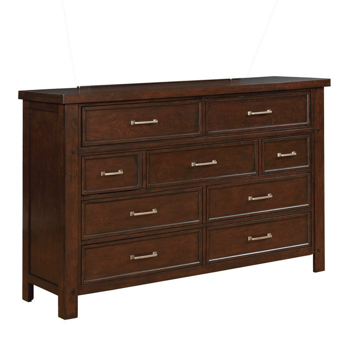 Wooden Dresser with Nine Spacious Drawers and Grain Details, Brown
