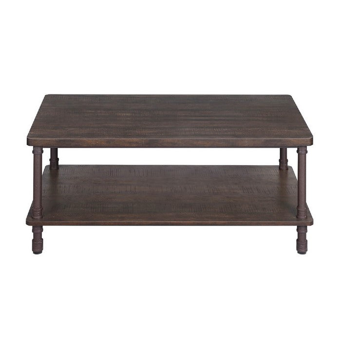 Rectangular Wooden Frame Coffee Table with Turned Metal Legs, Dark Brown