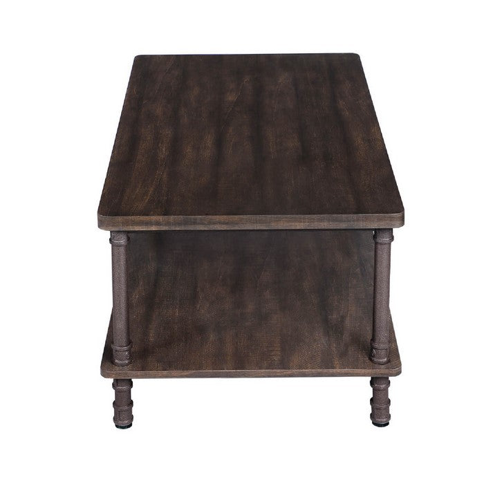 Rectangular Wooden Frame Coffee Table with Turned Metal Legs, Dark Brown