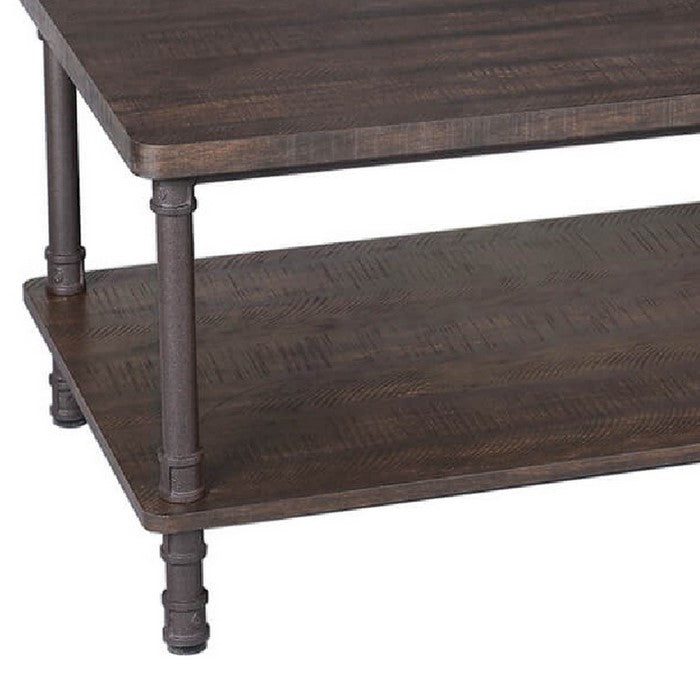 Rectangular Wooden Frame Coffee Table with Turned Metal Legs, Dark Brown