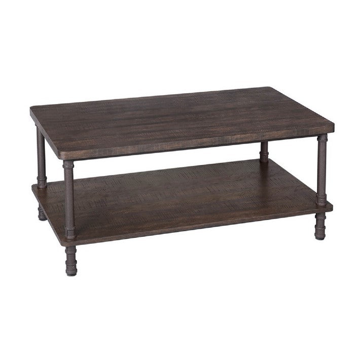 Rectangular Wooden Frame Coffee Table with Turned Metal Legs, Dark Brown