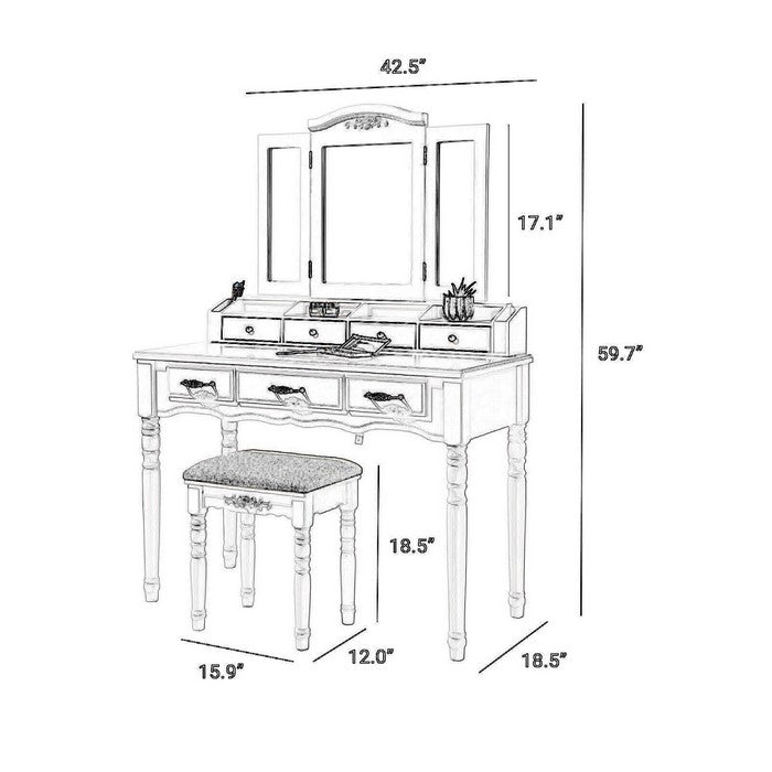 7 Drawers Wooden Vanity Set with Tri Fold Mirror and Padded Stool, White