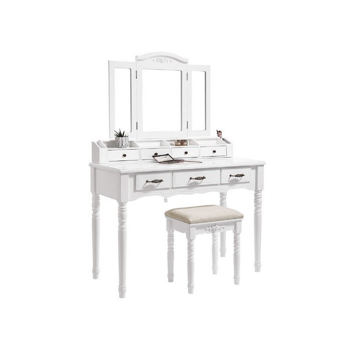 7 Drawers Wooden Vanity Set with Tri Fold Mirror and Padded Stool, White