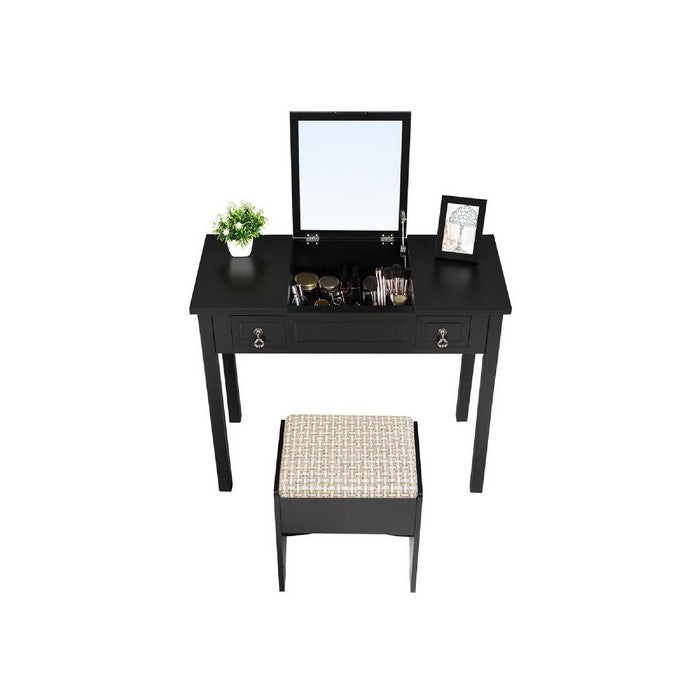 Wooden Frame Vanity Set with Padded Stool and Drop Down Mirror, Black
