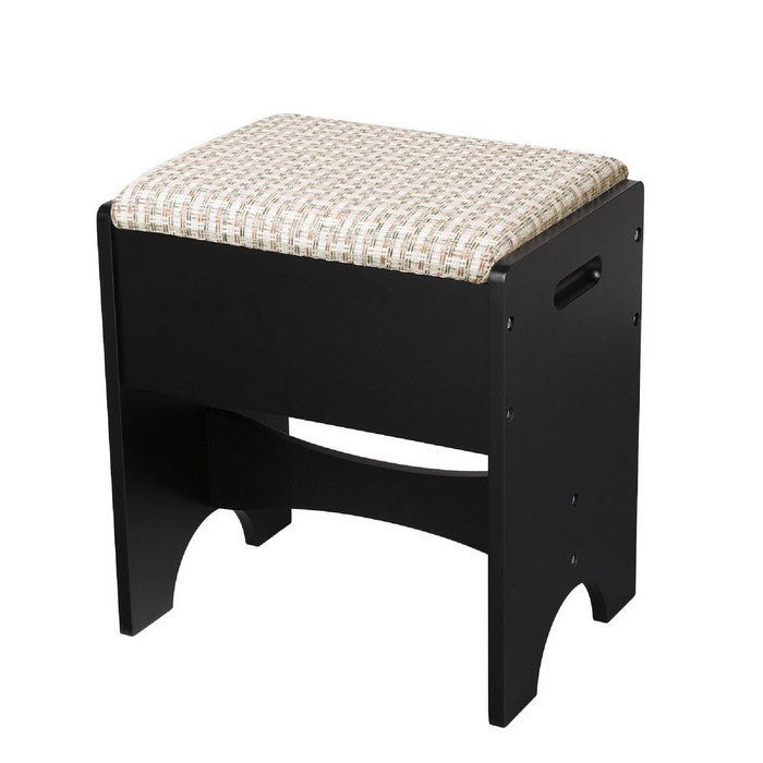 Wooden Frame Vanity Set with Padded Stool and Drop Down Mirror, Black